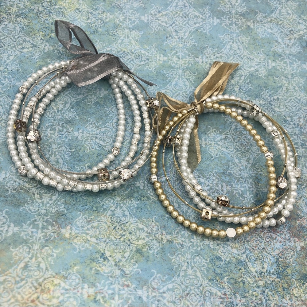🌼 Pearl & Illusion Wire Bangle Bracelets